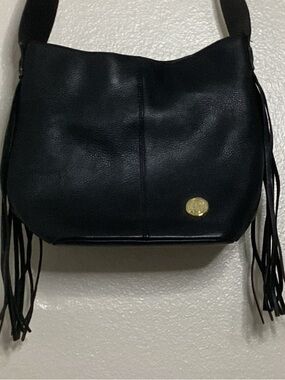 Vince Camuto Black Leather Fringe Hobo Bag Boho Chic Shoulder Purse